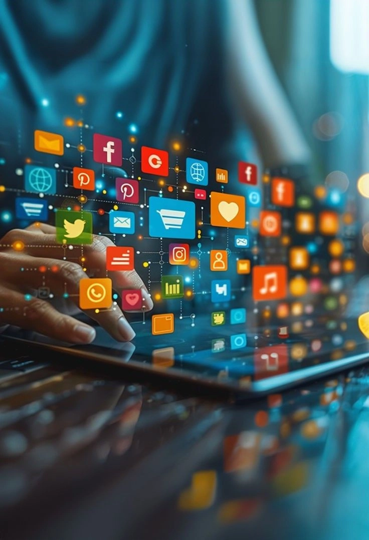 Using laptop and floating social media icons freelance digital marketer in Kochi.